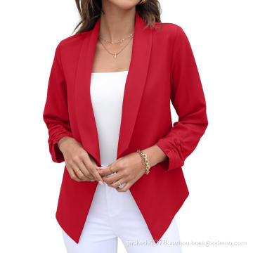 Women's Blazer Suit Open Front Cardigan 3/4 Sleeve Fitted Jacket Casual Office Cropped Blazer